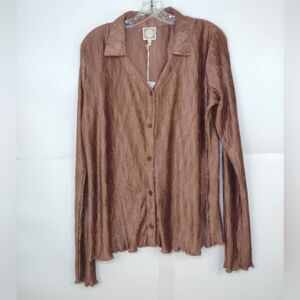 Tru Self Women's Ribbed Brown Button-Up Long Sleeve Shirt